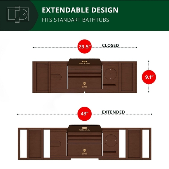 ROYAL CRAFT WOOD Bathtub Tray Caddy Bamboo Expandable22.01"L x 30.98"W x 10.98"H - Picture 3 of 7